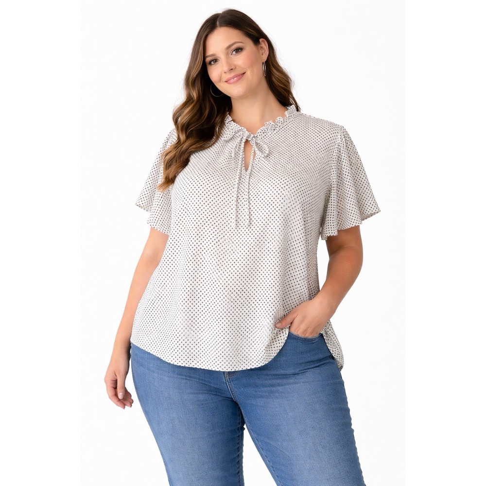 Adrianna Papell Blouse 3X White Black Polka Dot Tie Neck Short Sleeve  Classic